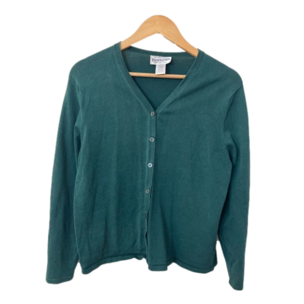 PENDLETON Large P Silk blend cardigan Vneck button down hunter green